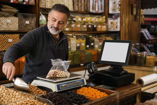 Kuruyemişçide terazili ve barkodlu satış